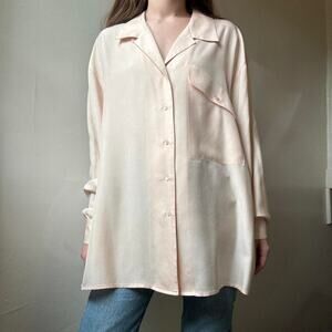 Vintage Liz Claiborne Pink Silk Button Up Blouse 12 Classic Oversized Classy